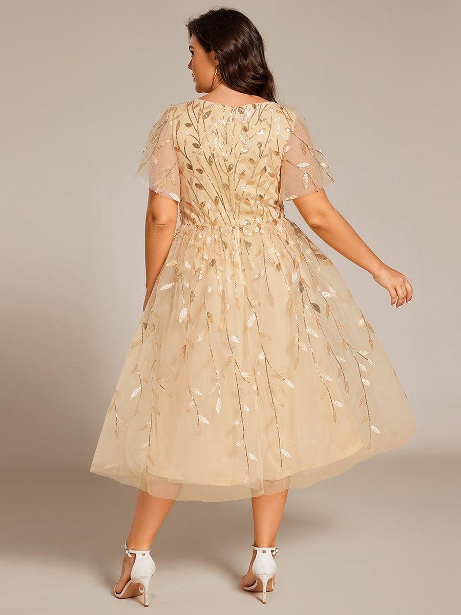 Leaf Sequin Short Sleeve Tulle Midi Evening Dress #color_Gold