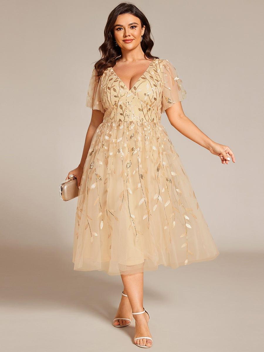 Leaf Sequin Short Sleeve Tulle Midi Evening Dress #color_Gold