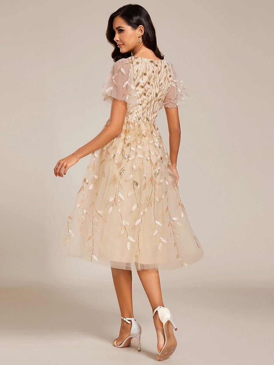 Leaf Sequin Short Sleeve Tulle Midi Wedding Guest Dress #color_Gold