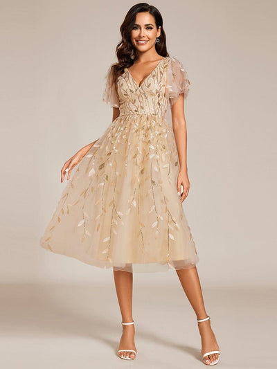Leaf Sequin Short Sleeve Tulle Midi Wedding Guest Dress #color_Gold