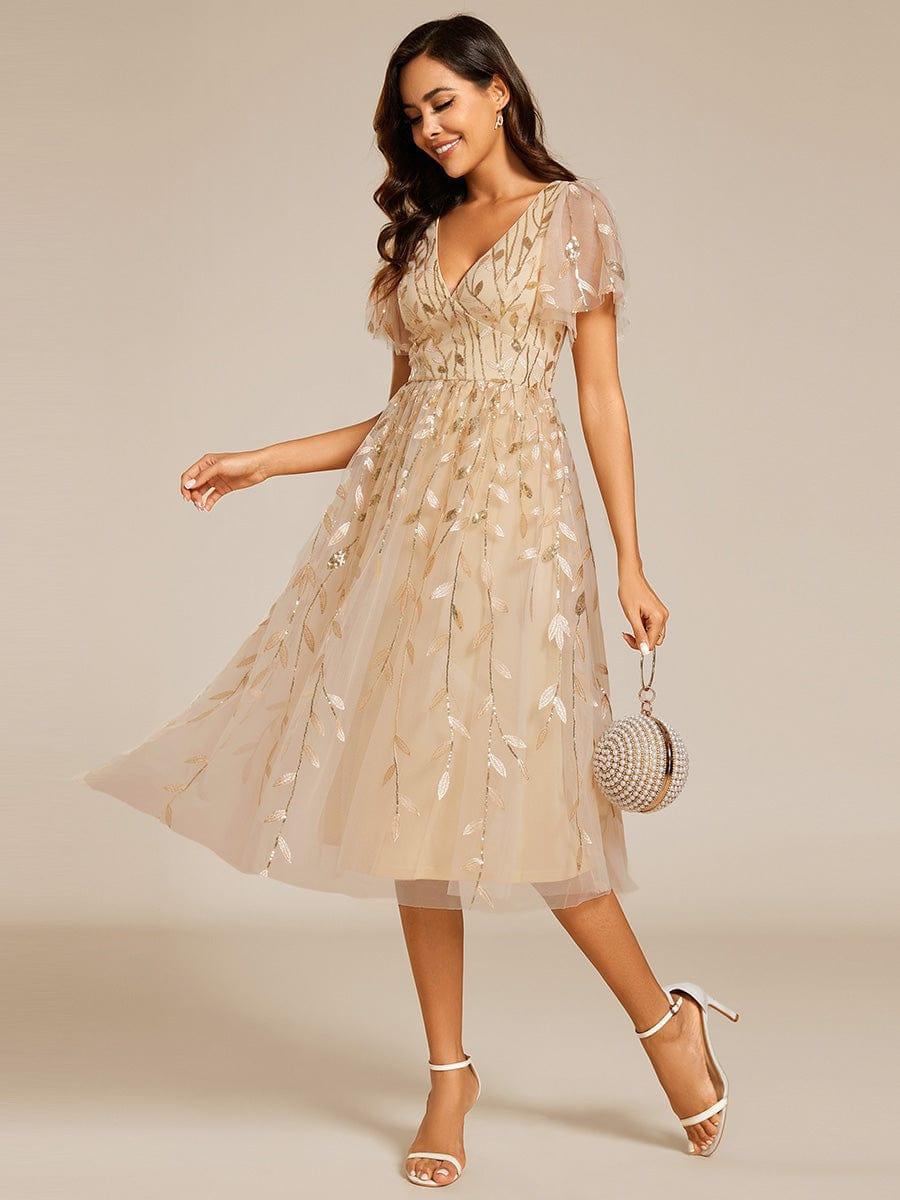Leaf Sequin Short Sleeve Tulle Midi Evening Dress #color_Gold