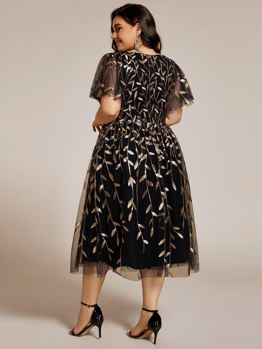 Leaf Sequin Short Sleeve Tulle Midi Evening Dress #color_Black & Gold