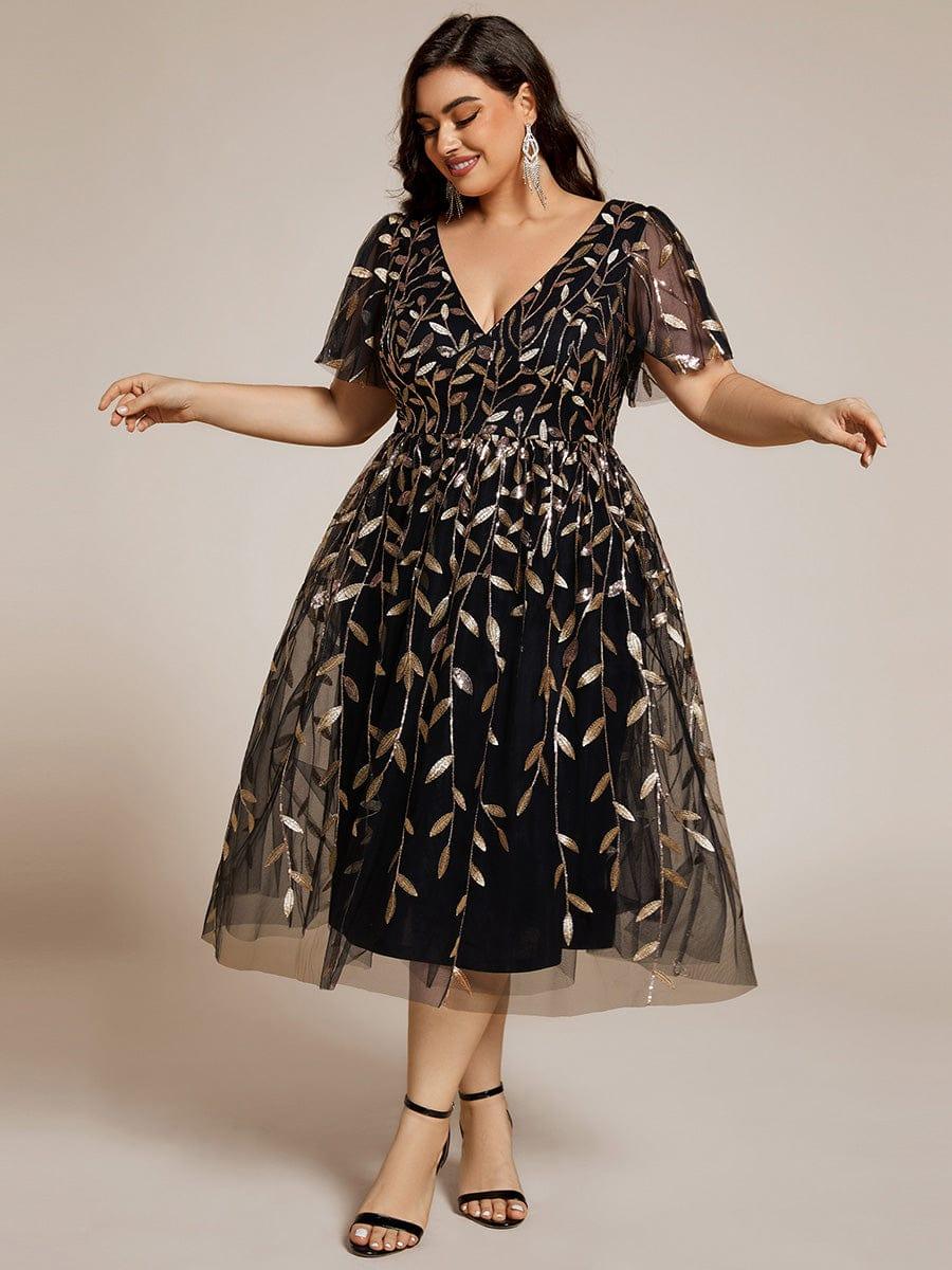 Leaf Sequin Short Sleeve Tulle Midi Evening Dress #color_Black & Gold