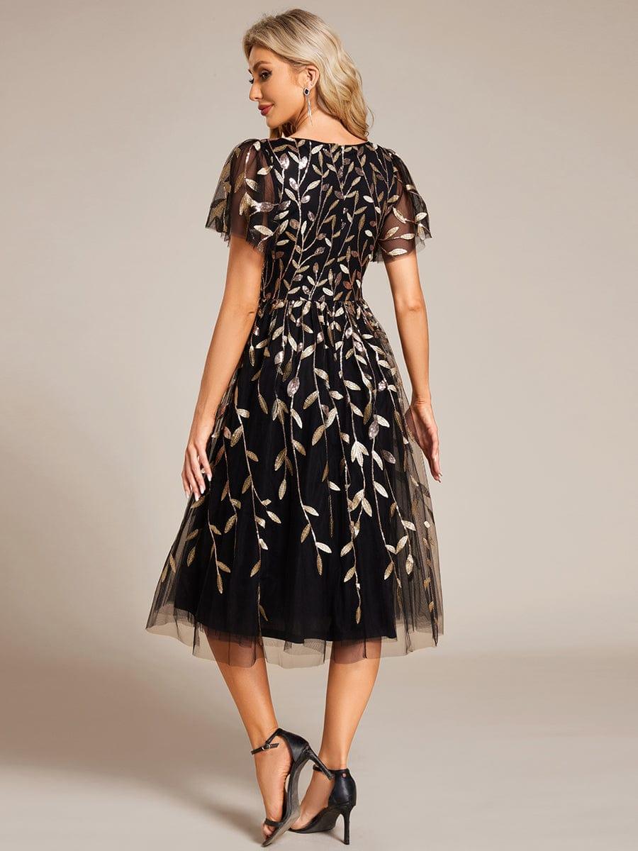 Leaf Sequin Short Sleeve Tulle Midi Evening Dress #color_Black & Gold