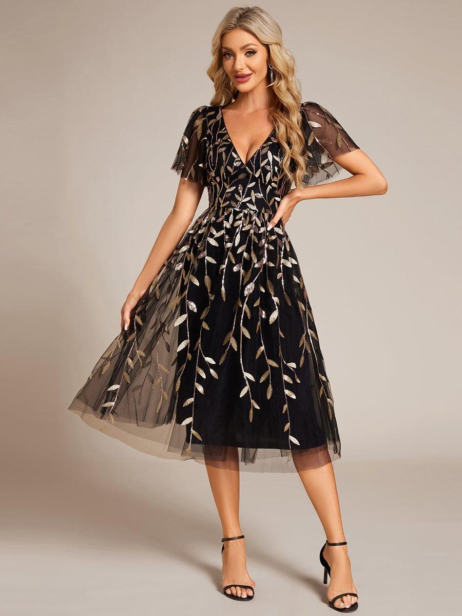 Leaf Sequin Short Sleeve Tulle Midi Evening Dress #color_Black & Gold