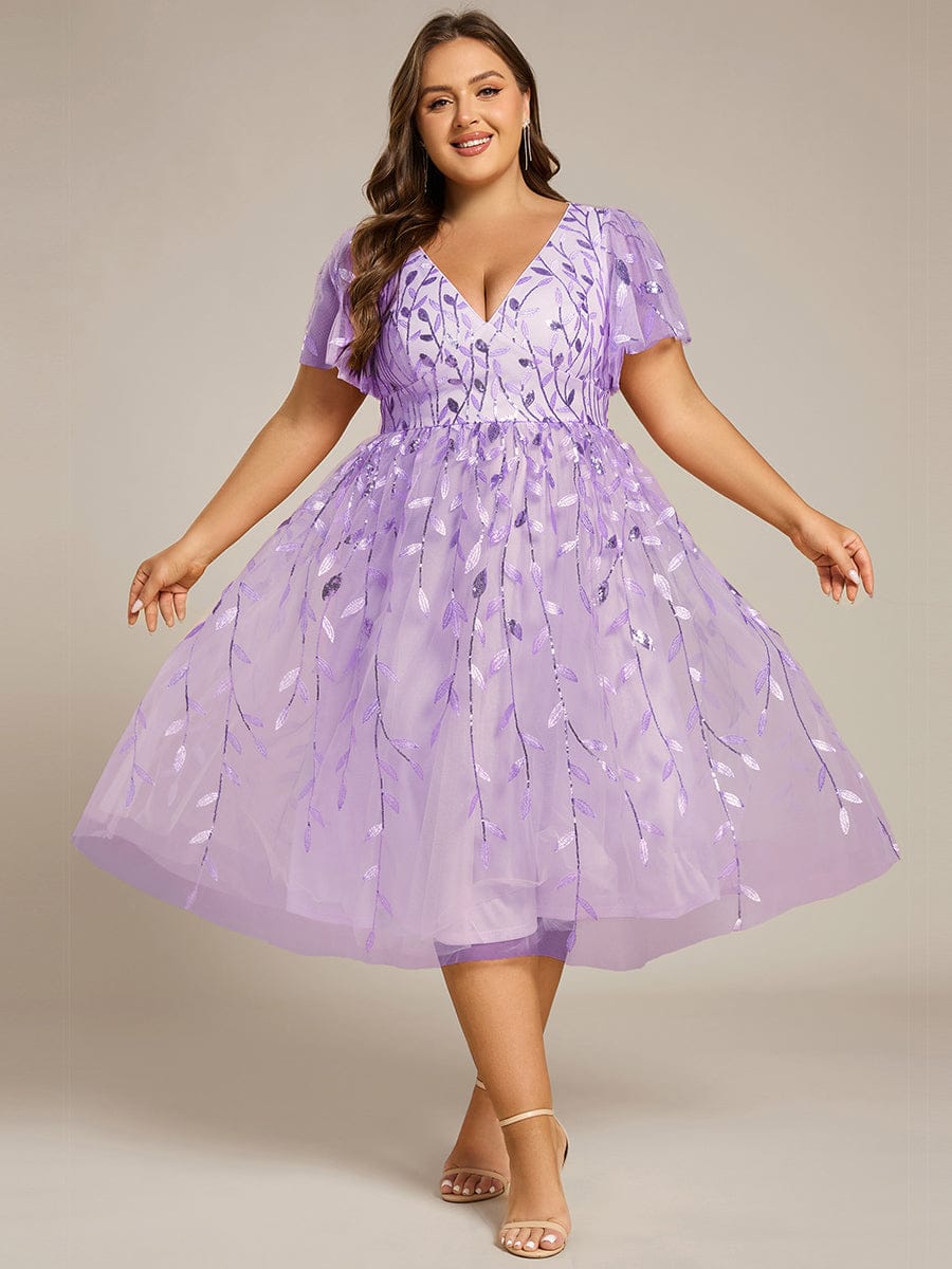 Leaf Sequin Short Sleeve Tulle Midi Evening Dress #color_Lavender