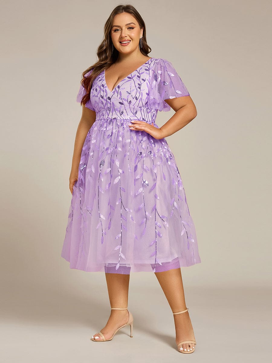 Leaf Sequin Short Sleeve Tulle Midi Evening Dress #color_Lavender