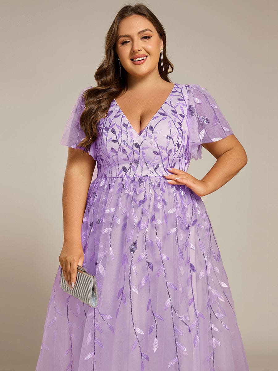 Leaf Sequin Short Sleeve Tulle Midi Evening Dress #color_Lavender