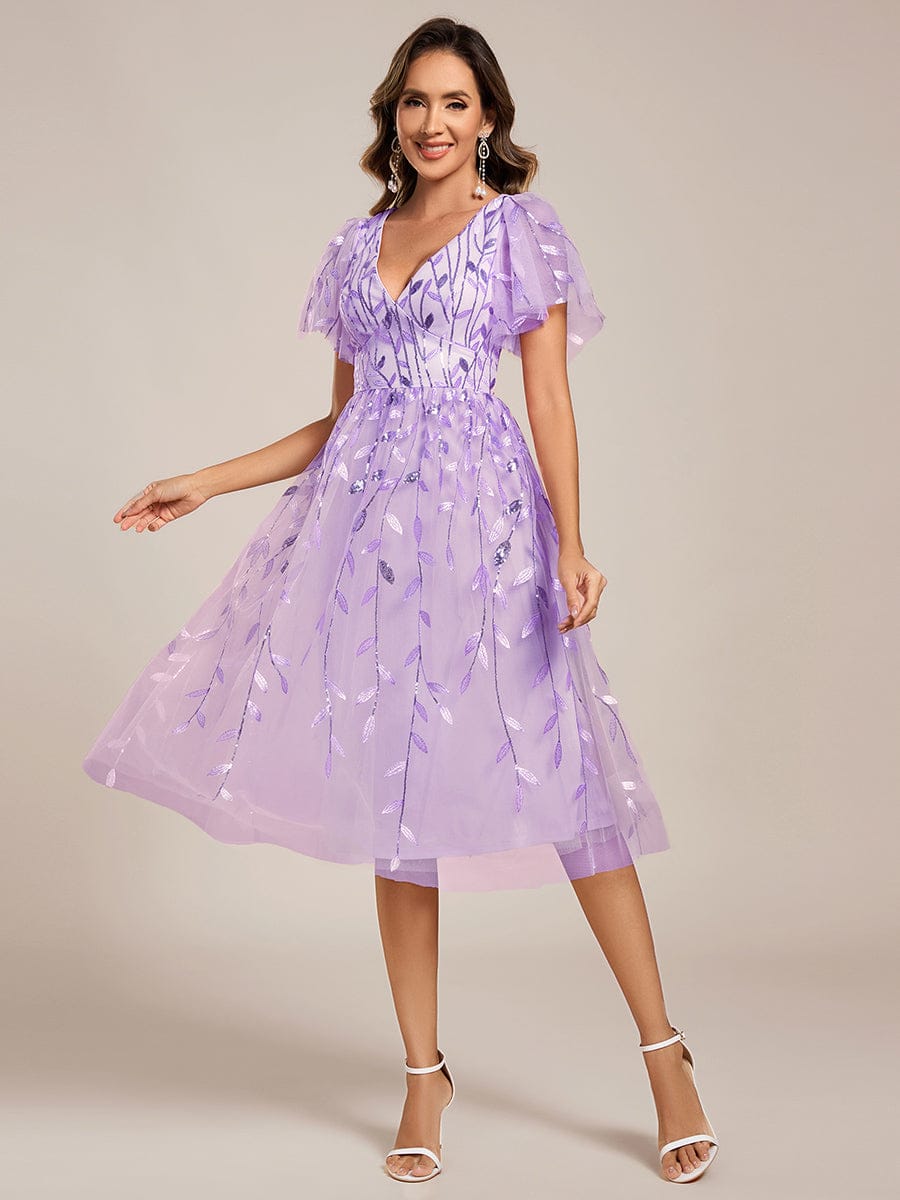 Leaf Sequin Short Sleeve Tulle Midi Evening Dress #color_Lavender