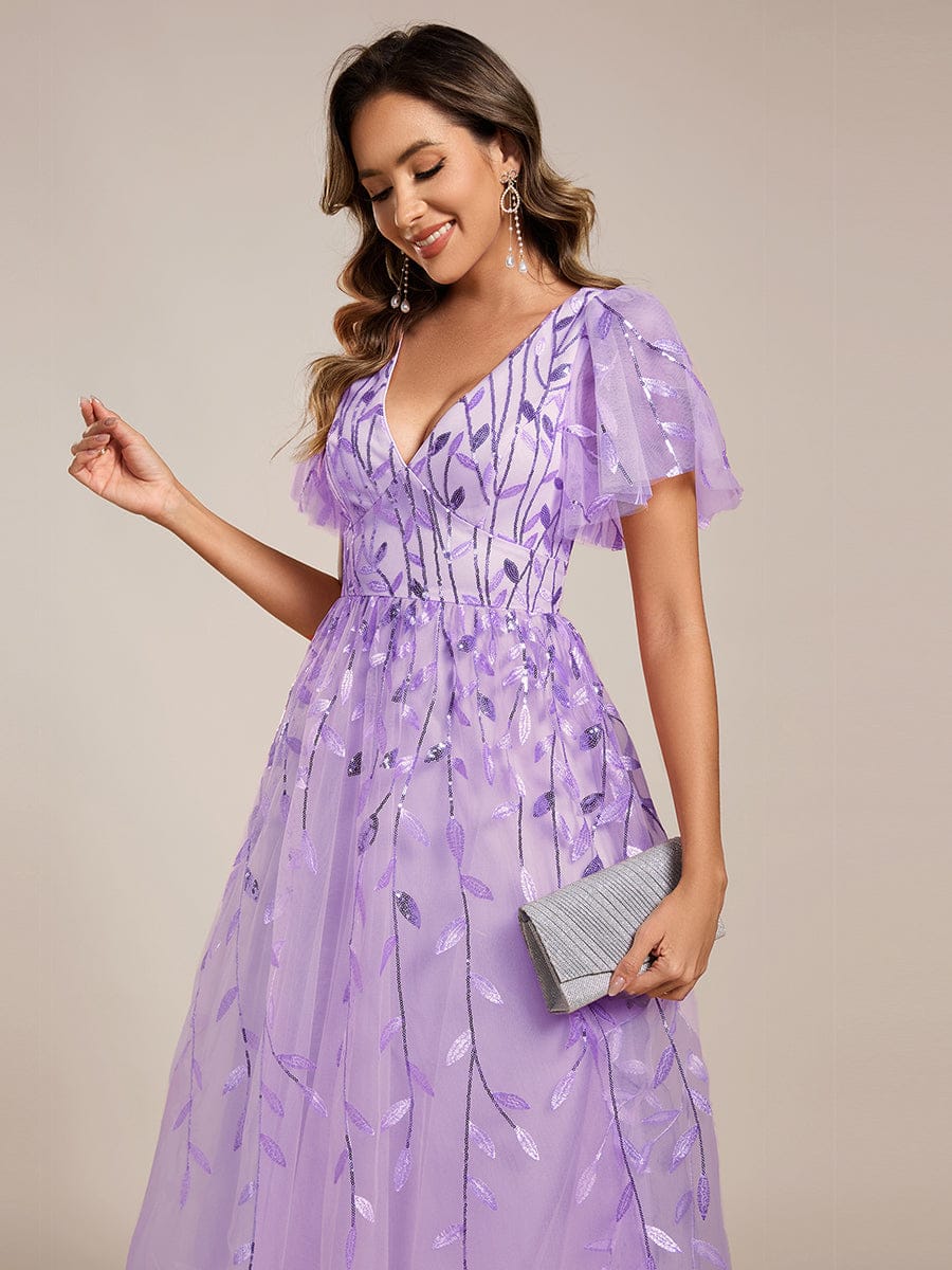 Leaf Sequin Short Sleeve Tulle Midi Evening Dress #color_Lavender