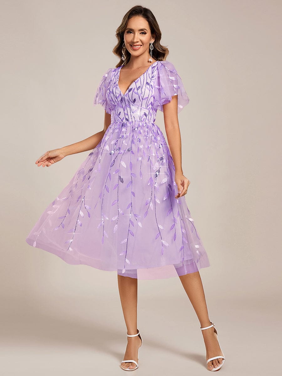 Leaf Sequin Short Sleeve Tulle Midi Evening Dress #color_Lavender