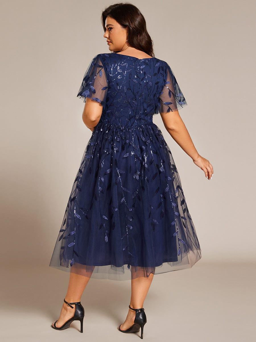 Leaf Sequin Short Sleeve Tulle Midi Evening Dress #color_Navy Blue