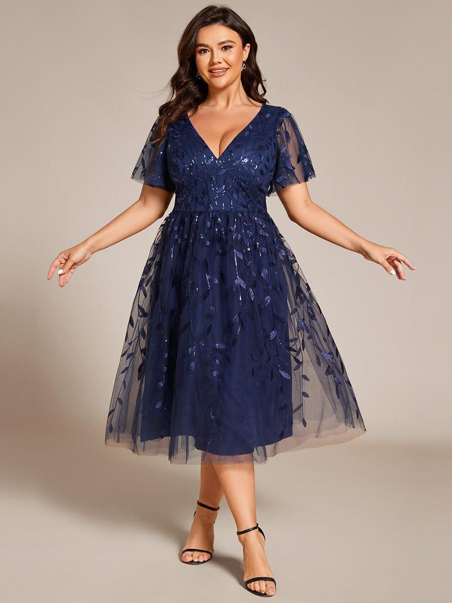 Leaf Sequin Short Sleeve Tulle Midi Evening Dress #color_Navy Blue