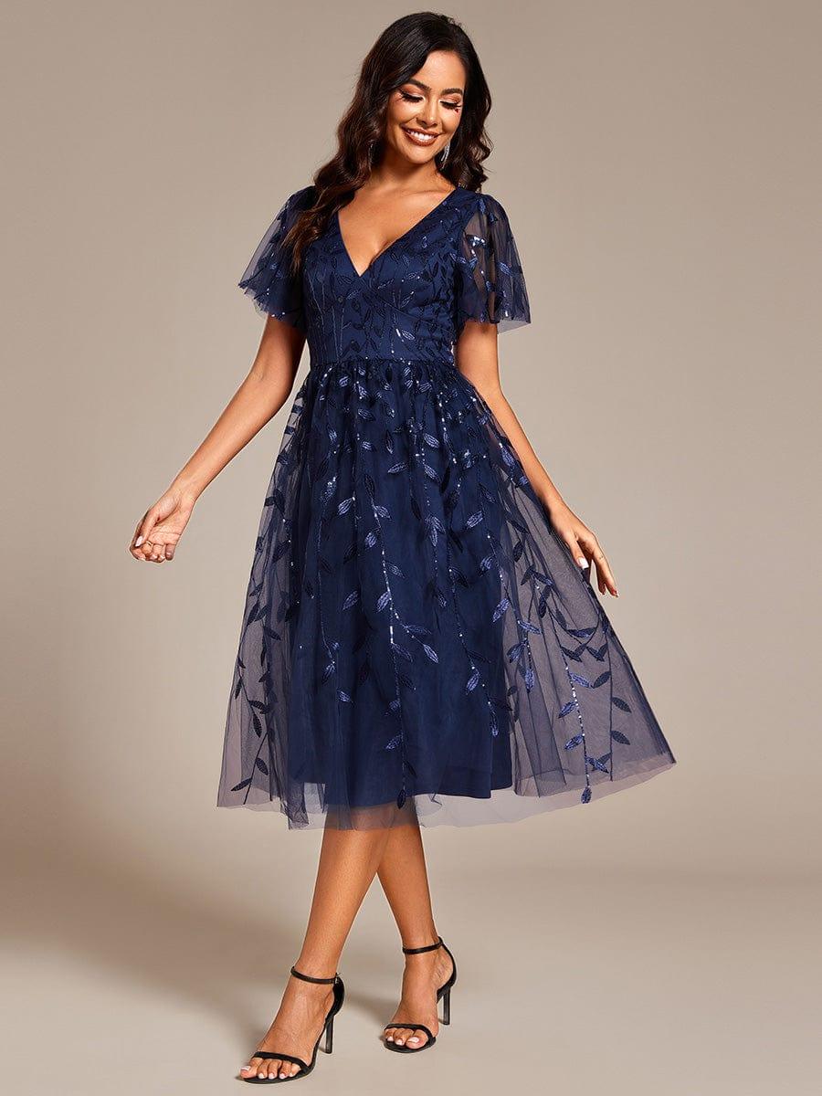 Leaf Sequin Short Sleeve Tulle Midi Wedding Guest Dress #color_Navy Blue