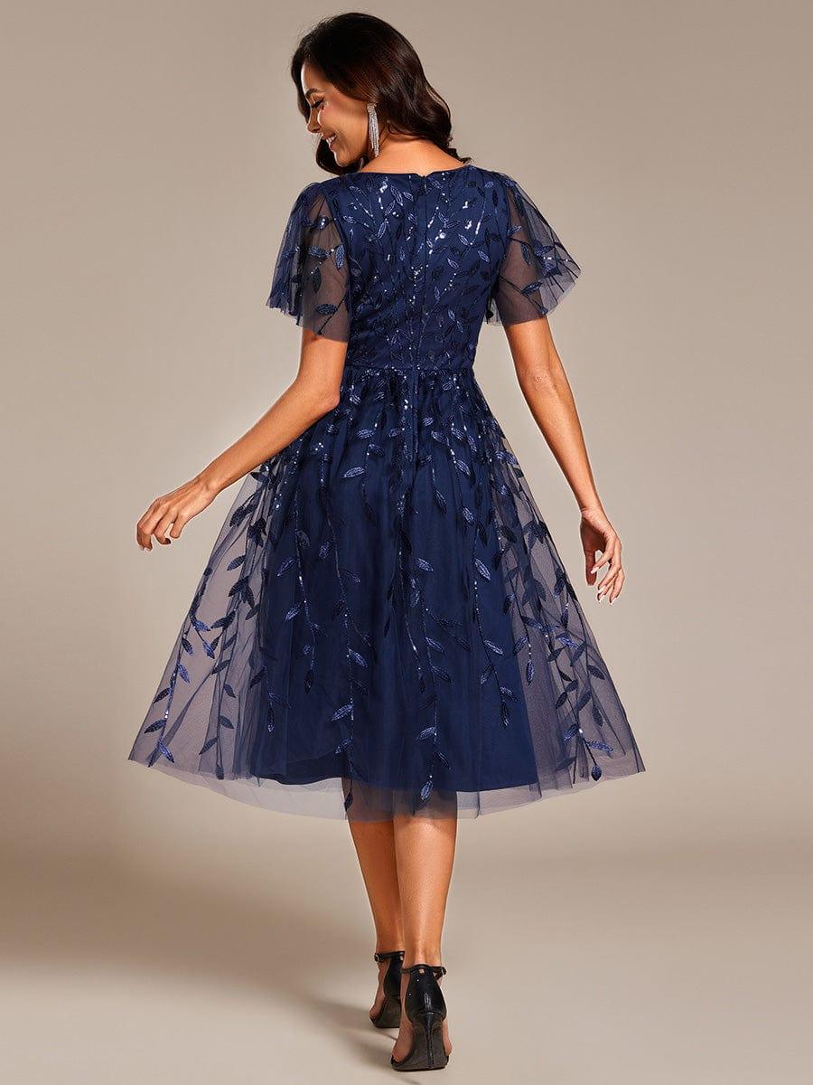 Leaf Sequin Short Sleeve Tulle Midi Evening Dress #color_Navy Blue
