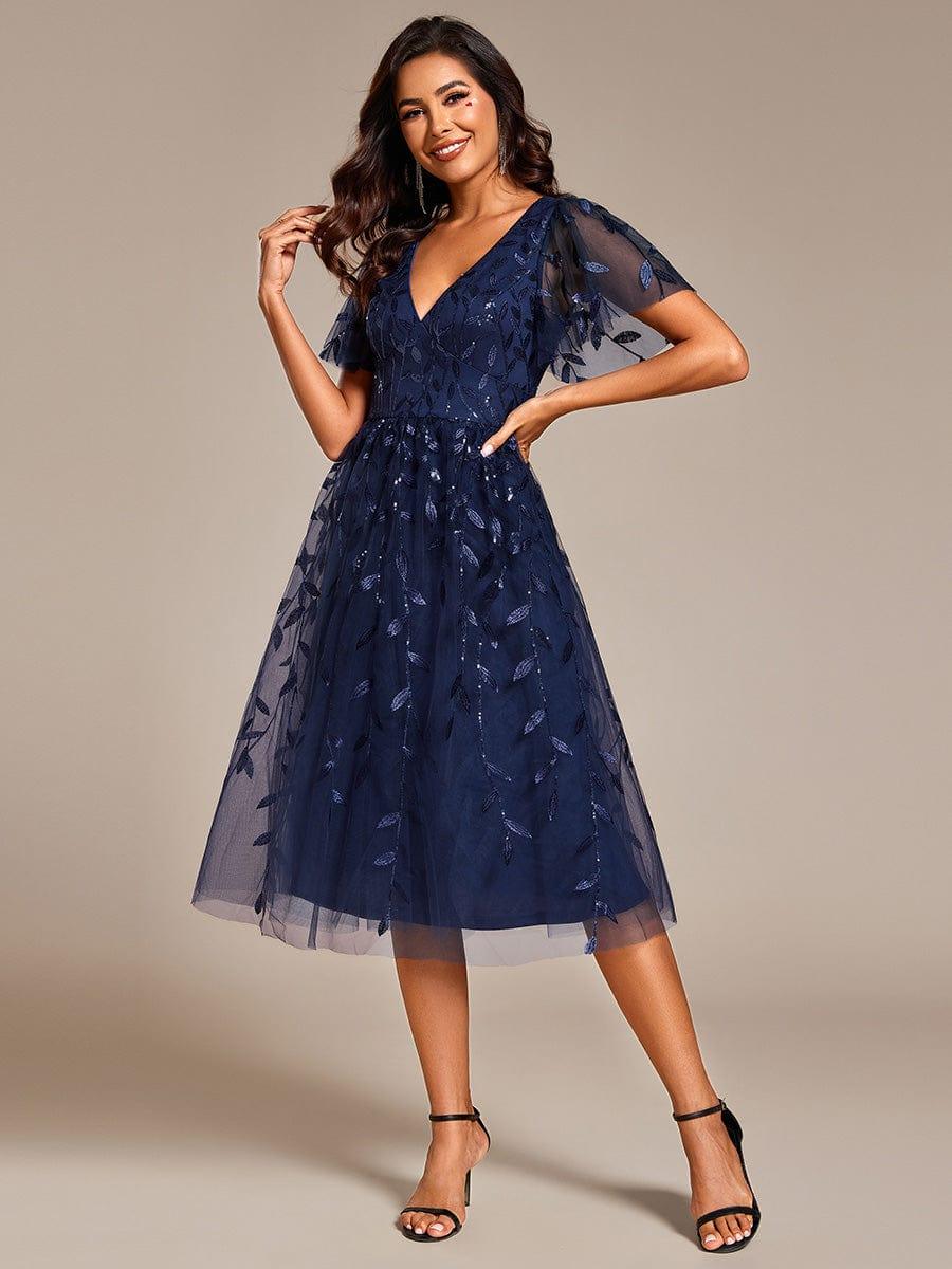 Leaf Sequin Short Sleeve Tulle Midi Evening Dress #color_Navy Blue