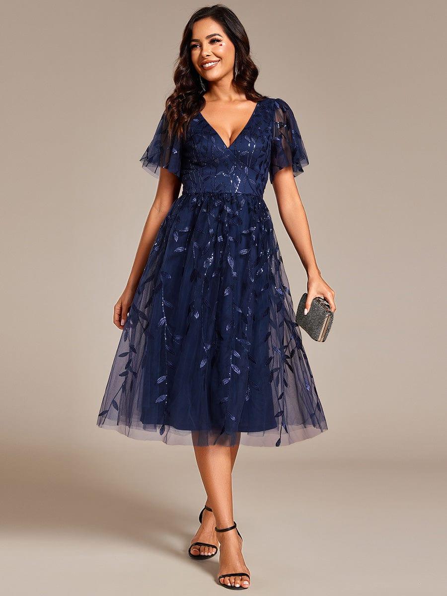 Leaf Sequin Short Sleeve Tulle Midi Evening Dress #color_Navy Blue