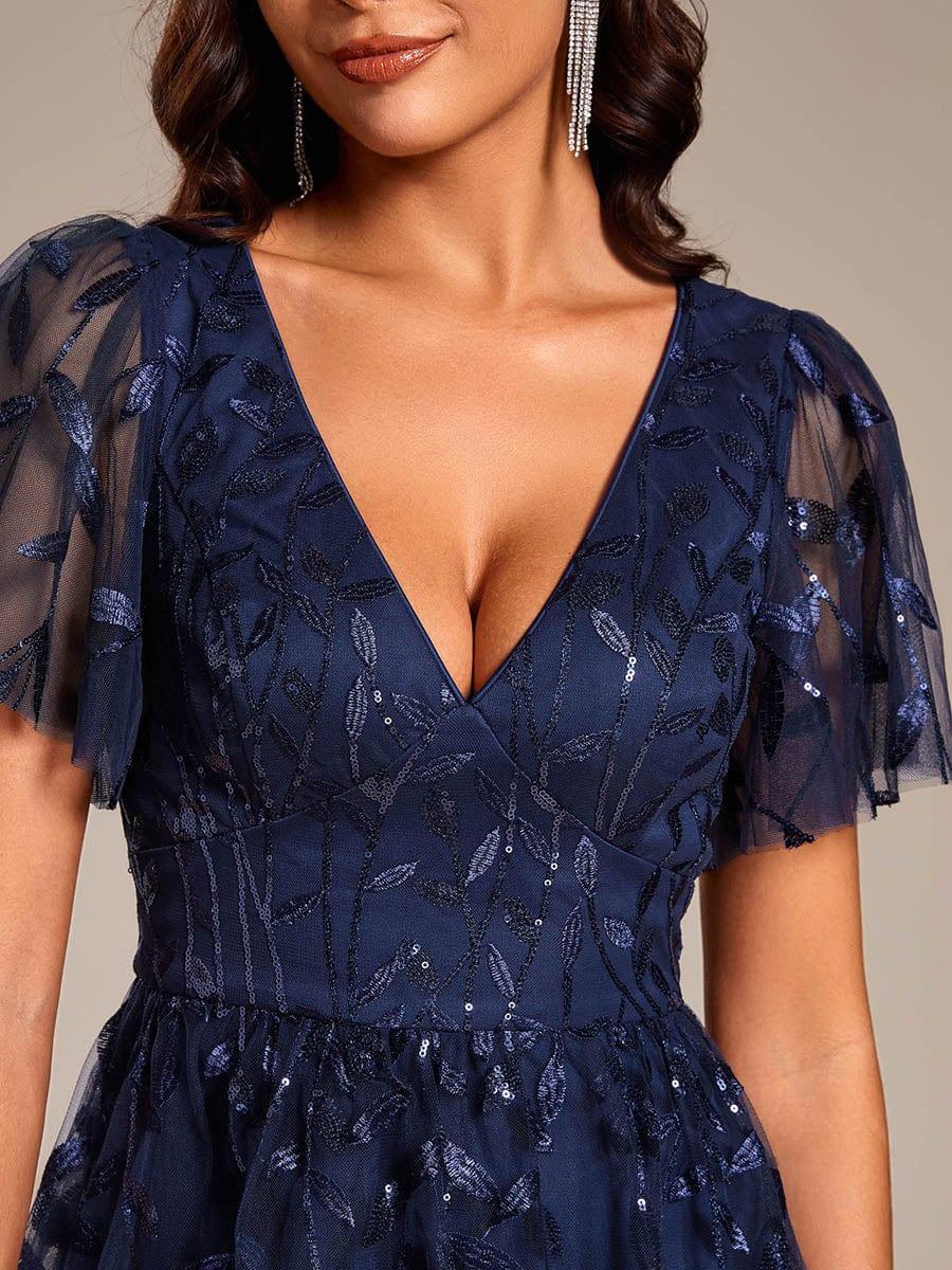 Leaf Sequin Short Sleeve Tulle Midi Evening Dress #color_Navy Blue