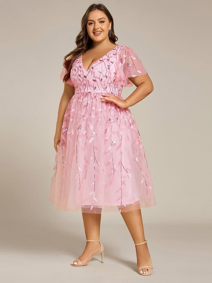 Leaf Sequin Short Sleeve Tulle Midi Evening Dress #color_Pink