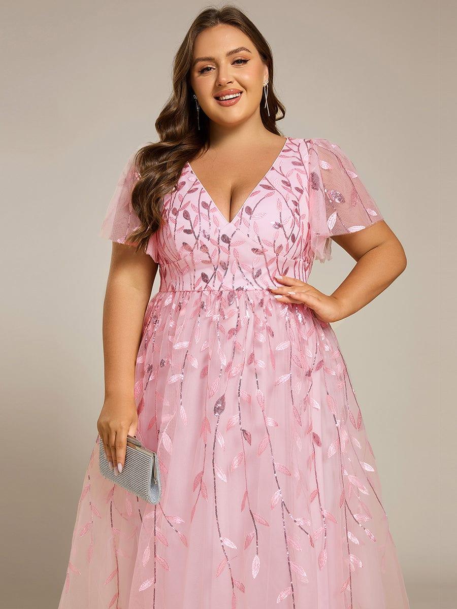 Leaf Sequin Short Sleeve Tulle Midi Evening Dress #color_Pink