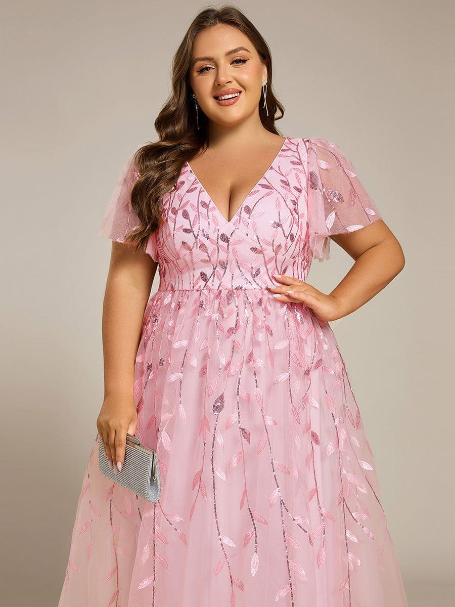 Plus SizeLeaf Sequin Short Sleeve Tulle Midi Wedding Guest Dress #color_Pink