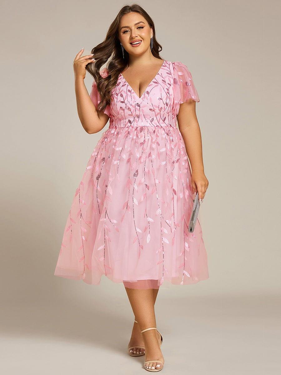 Leaf Sequin Short Sleeve Tulle Midi Evening Dress #color_Pink