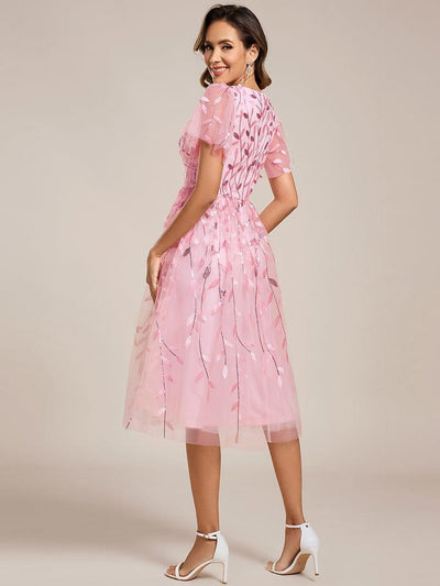 Leaf Sequin Short Sleeve Tulle Midi Evening Dress #color_Pink