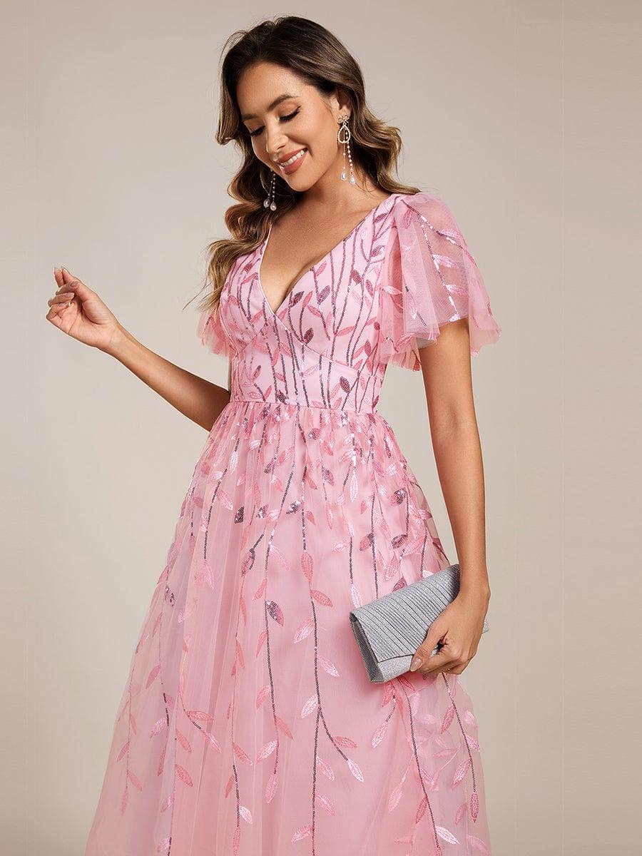 Leaf Sequin Short Sleeve Tulle Midi Evening Dress #color_Pink