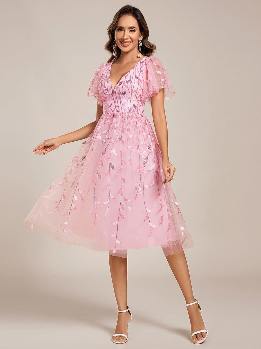 Leaf Sequin Short Sleeve Tulle Midi Evening Dress #color_Pink