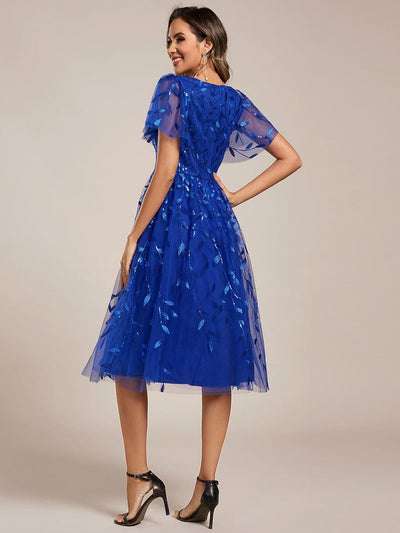 Leaf Sequin Short Sleeve Tulle Midi Evening Dress #color_Sapphire Blue