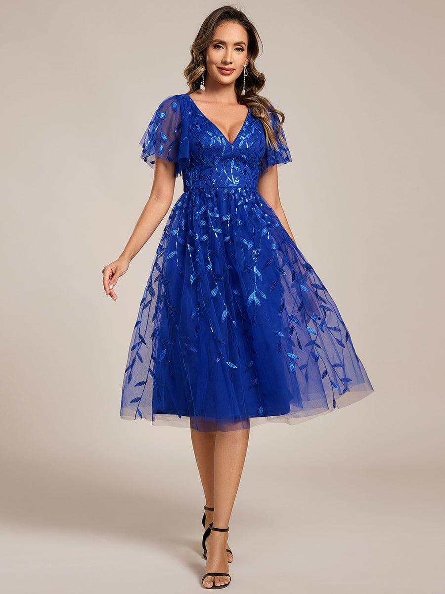 Leaf Sequin Short Sleeve Tulle Midi Evening Dress #color_Sapphire Blue