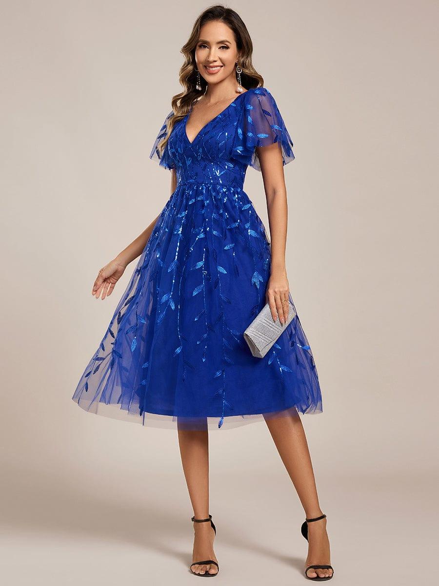 Leaf Sequin Short Sleeve Tulle Midi Evening Dress #color_Sapphire Blue