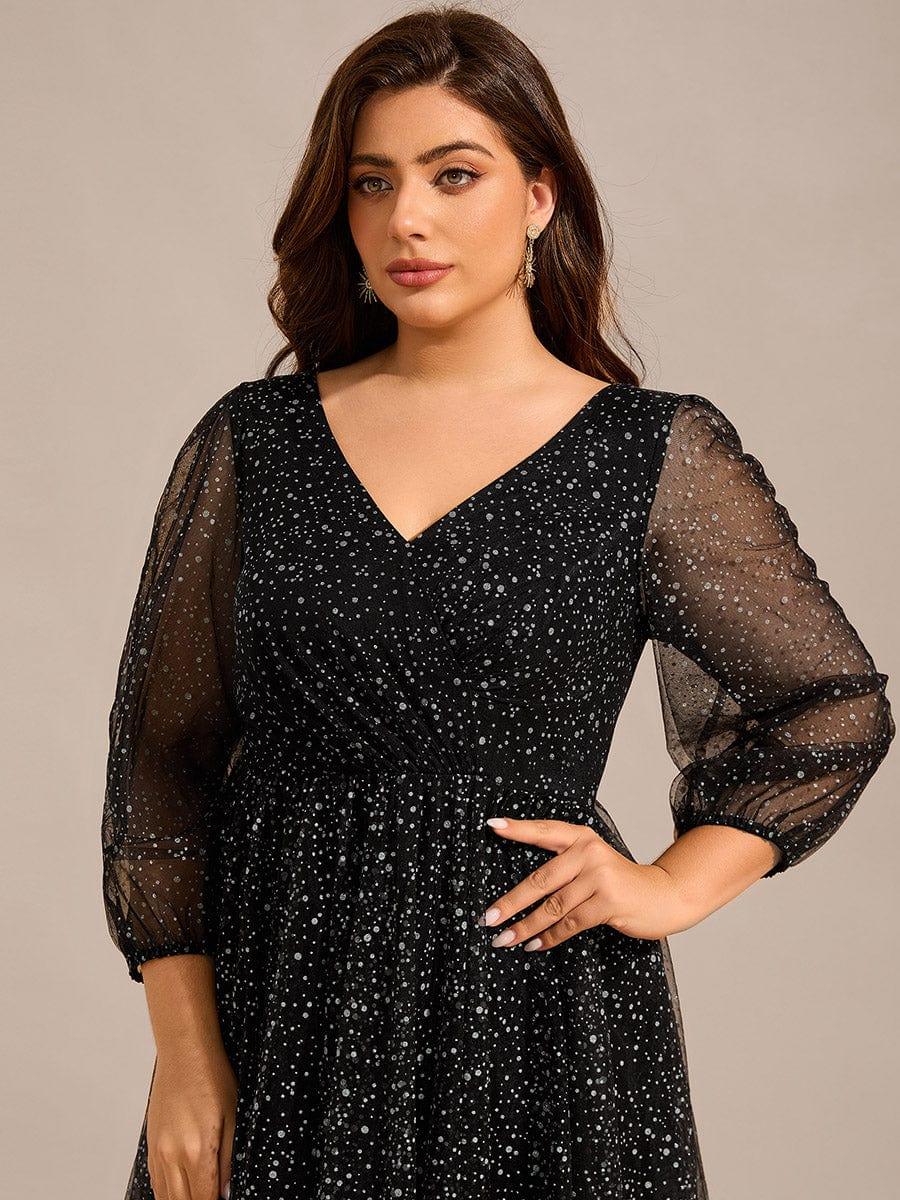 Glittery Faux Wrap Midi Wedding Guest Dress With Long Sleeves #color_Black
