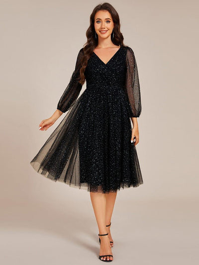 Glittery Faux Wrap Midi Wedding Guest Dress With Long Sleeves #color_Black