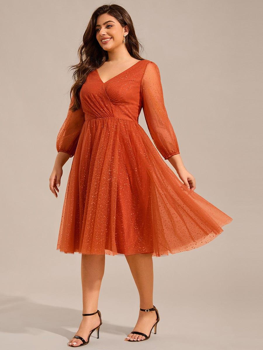 Glittery Faux Wrap Midi Wedding Guest Dress With Long Sleeves #color_Burnt Orange
