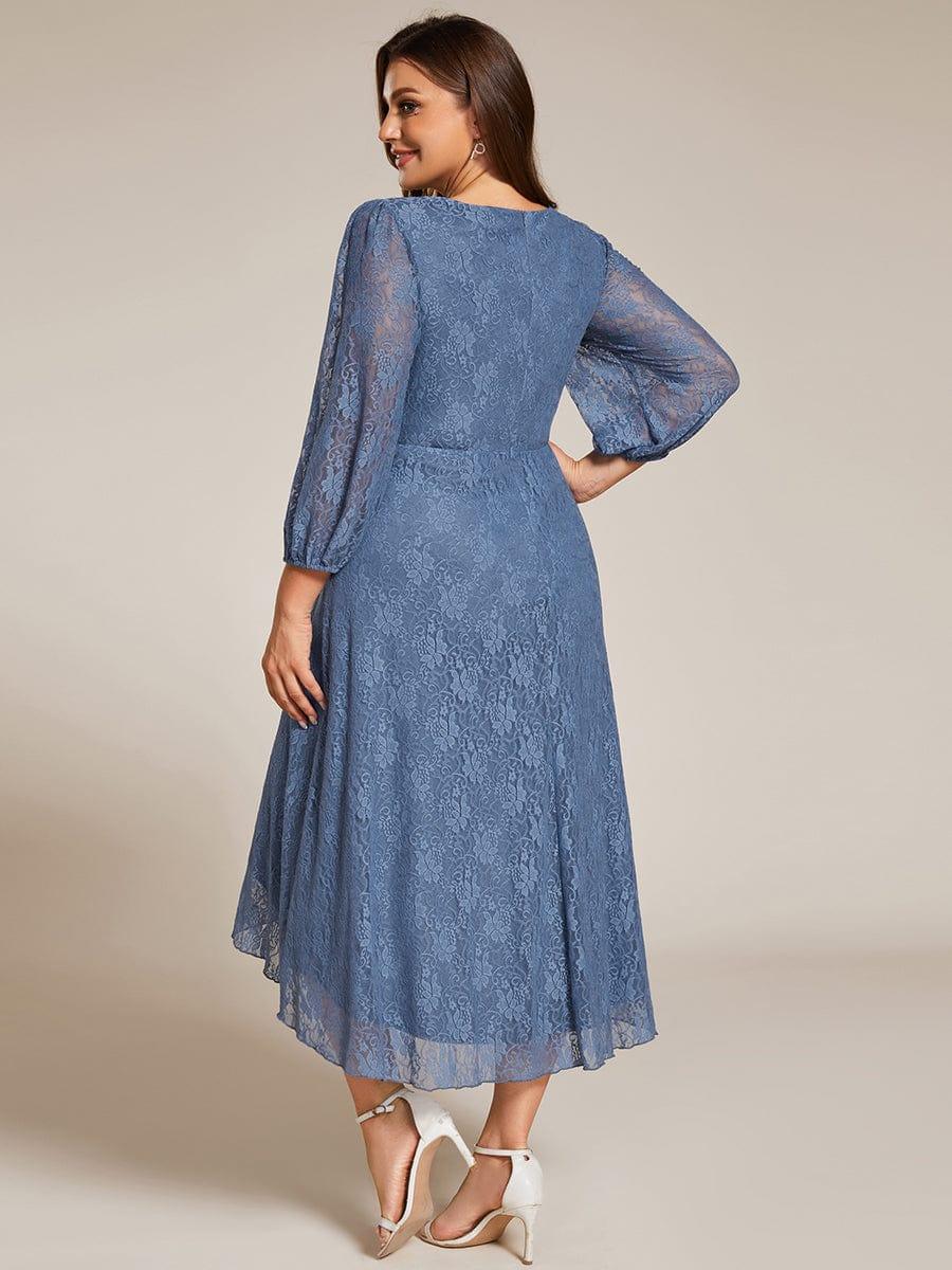 Plus Size Long Sleeve High-Low Lace Wedding Guest Dress with Ruffle Details #color_Dusty Blue