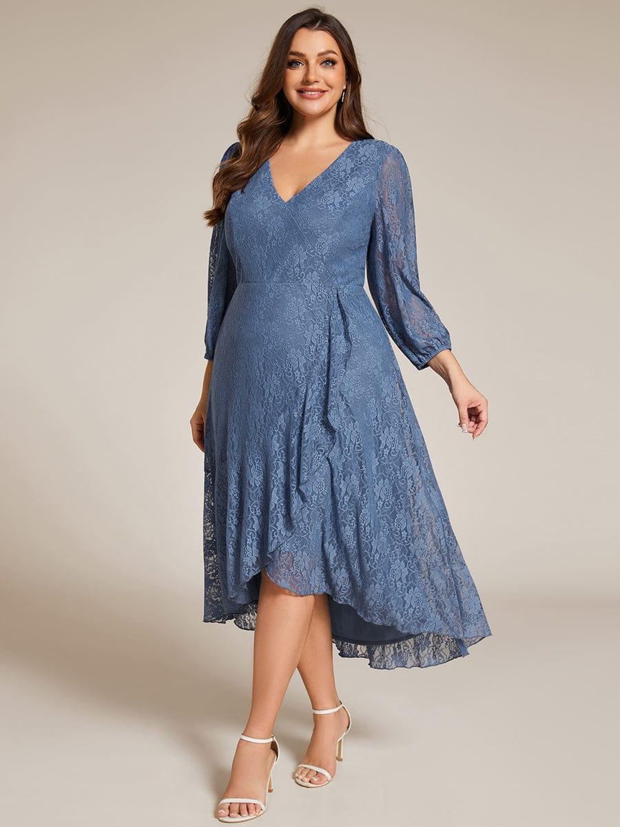 Plus Size Long Sleeve High-Low Lace Wedding Guest Dress with Ruffle Details #color_Dusty Blue