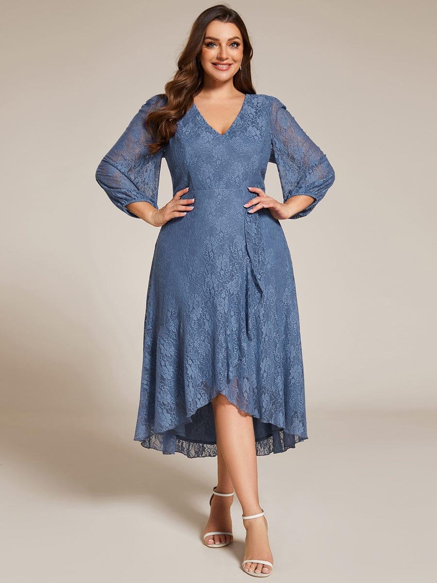 Plus Size Long Sleeve High-Low Lace Wedding Guest Dress with Ruffle Details #color_Dusty Blue