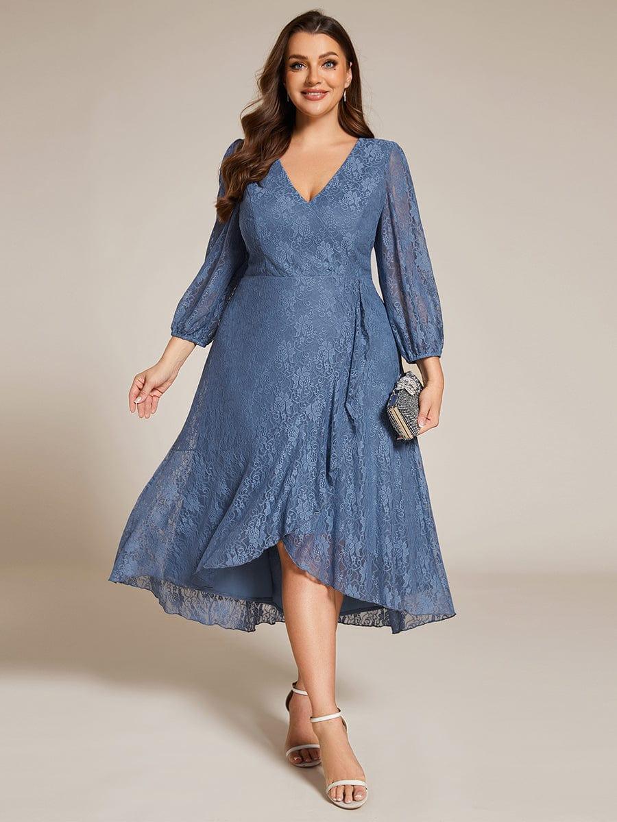Plus Size Long Sleeve High-Low Lace Wedding Guest Dress with Ruffle Details #color_Dusty Blue