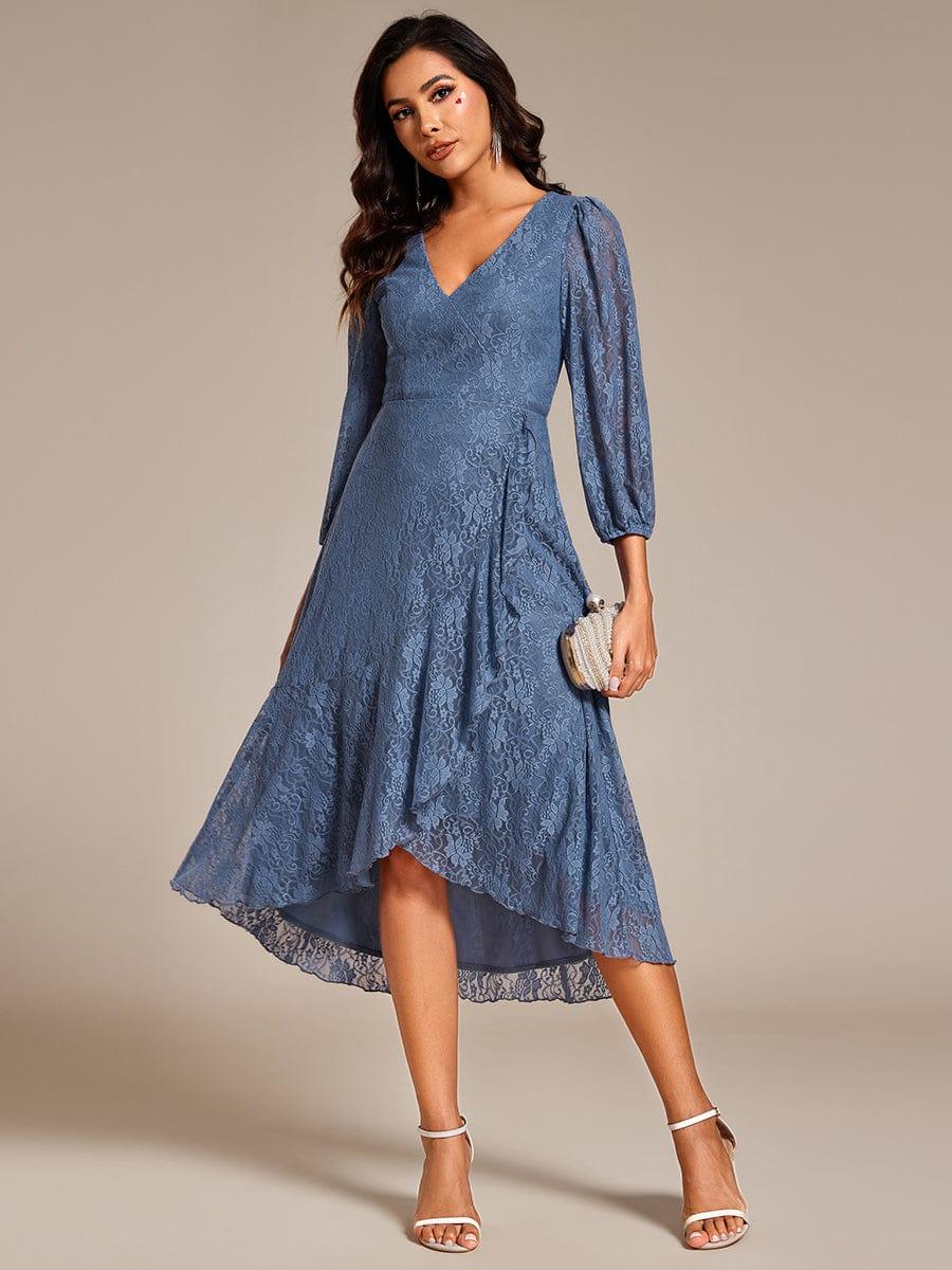Romantic Long Sleeve High-Low Lace Wedding Guest Dress with Ruffle Details #color_Dusty Blue