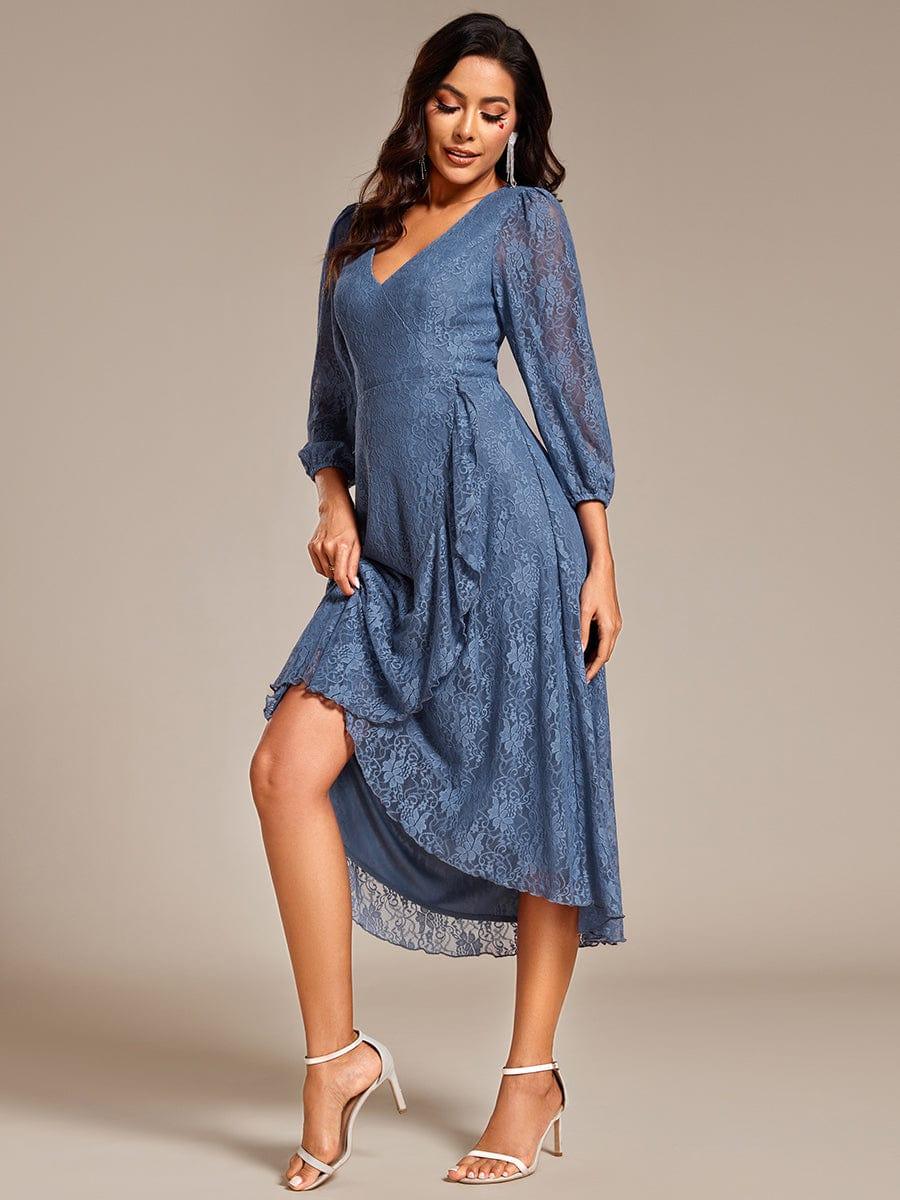 Romantic Long Sleeve High-Low Lace Wedding Guest Dress with Ruffle Details #color_Dusty Blue