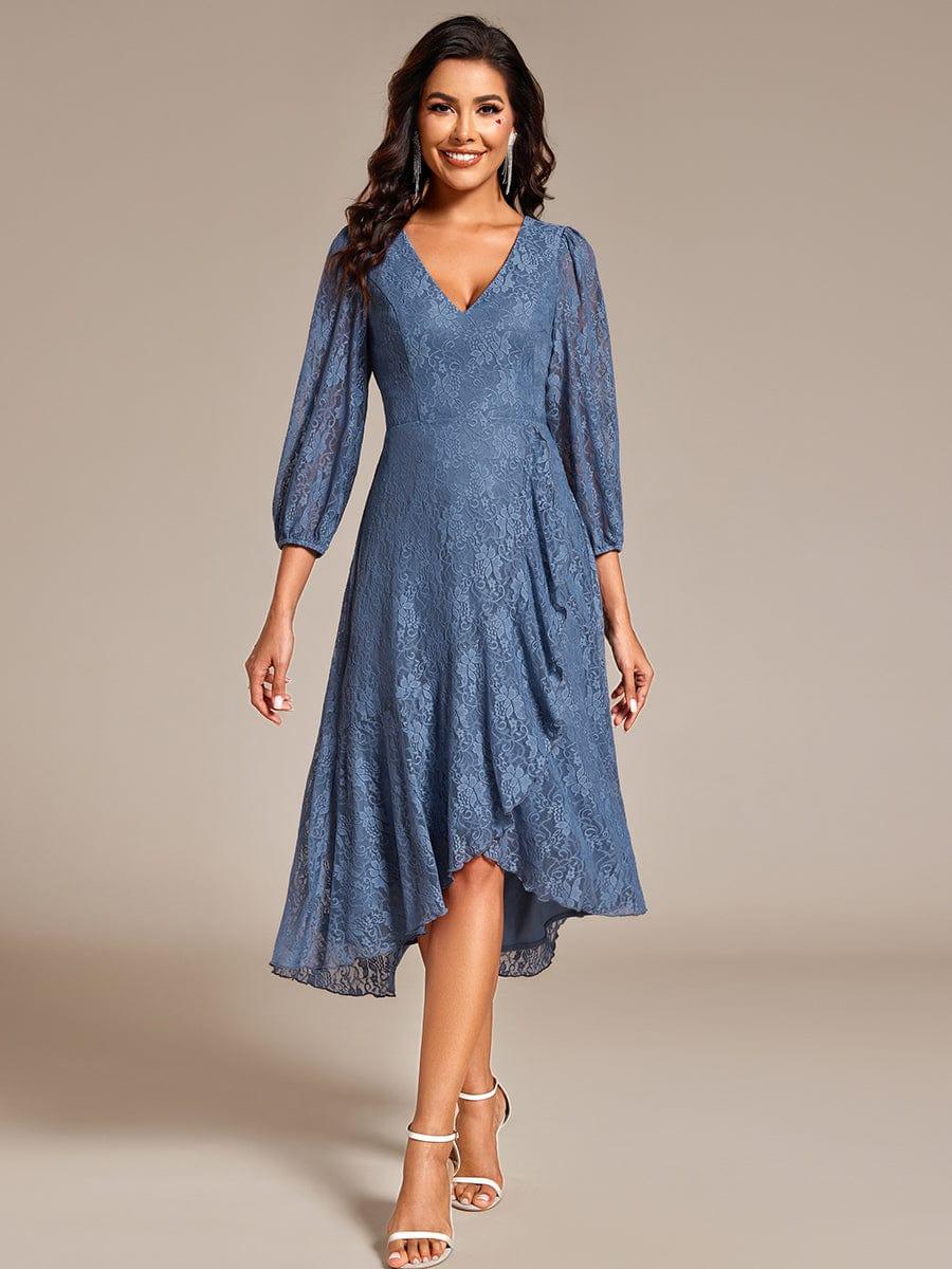Romantic Long Sleeve High-Low Lace Wedding Guest Dress with Ruffle Details #color_Dusty Blue