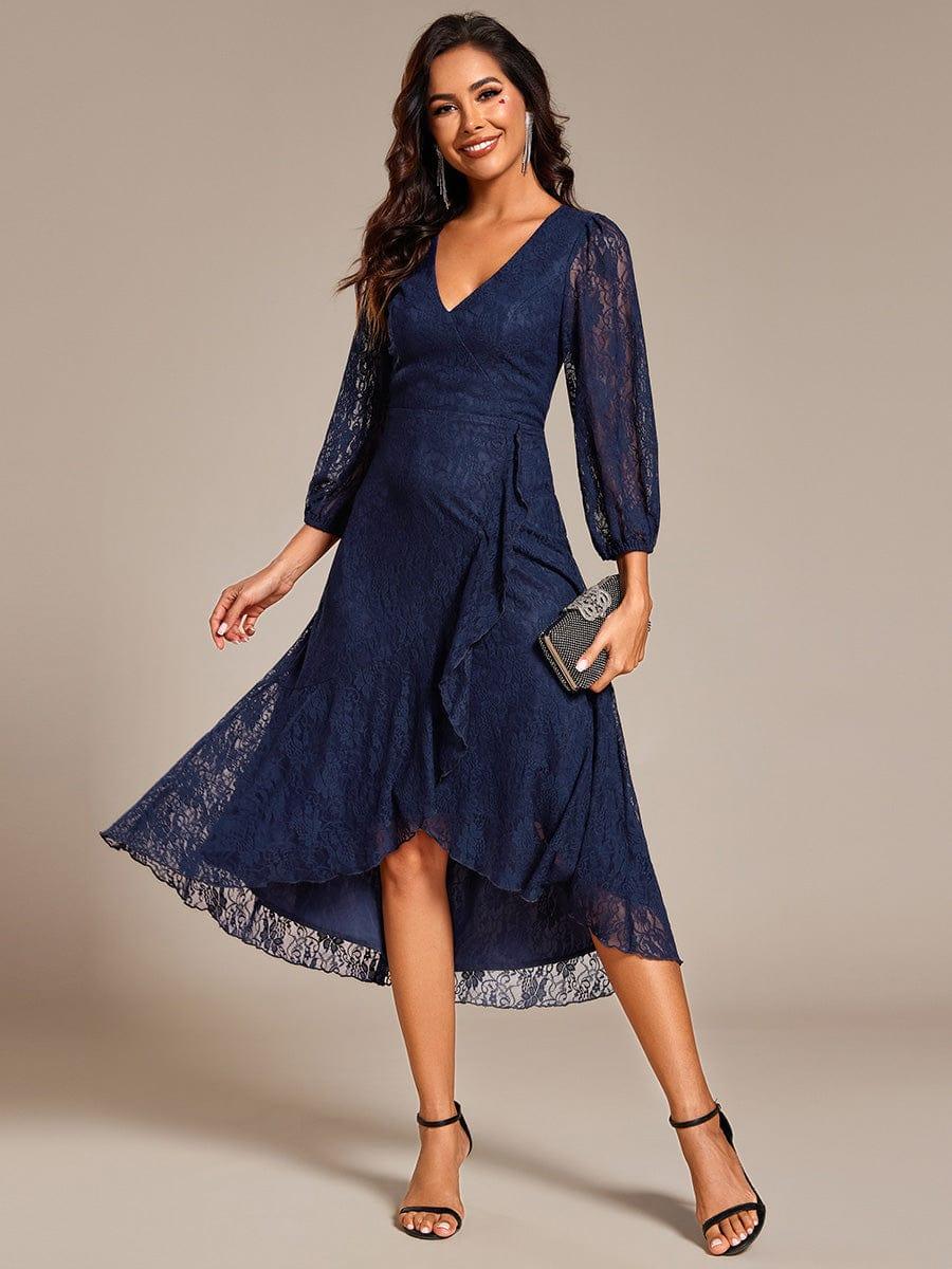Romantic Long Sleeve High-Low Lace Wedding Guest Dress with Ruffle Details #color_Navy Blue
