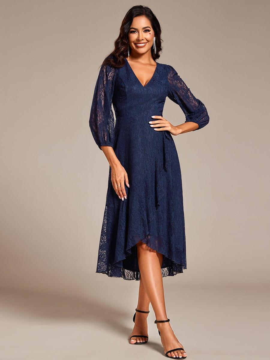 Romantic Long Sleeve High-Low Lace Wedding Guest Dress with Ruffle Details #color_Navy Blue