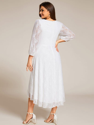 Plus Size Long Sleeve High-Low Lace Wedding Guest Dress with Ruffle Details #color_White