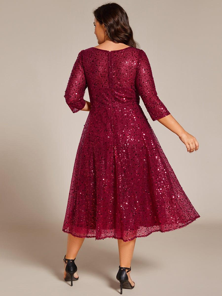 Dazzling Sequin A-Line Midi Evening Dress with Long Sleeves #color_Burgundy