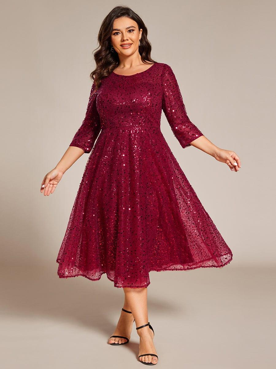 Dazzling Sequin A-Line Midi Evening Dress with Long Sleeves #color_Burgundy