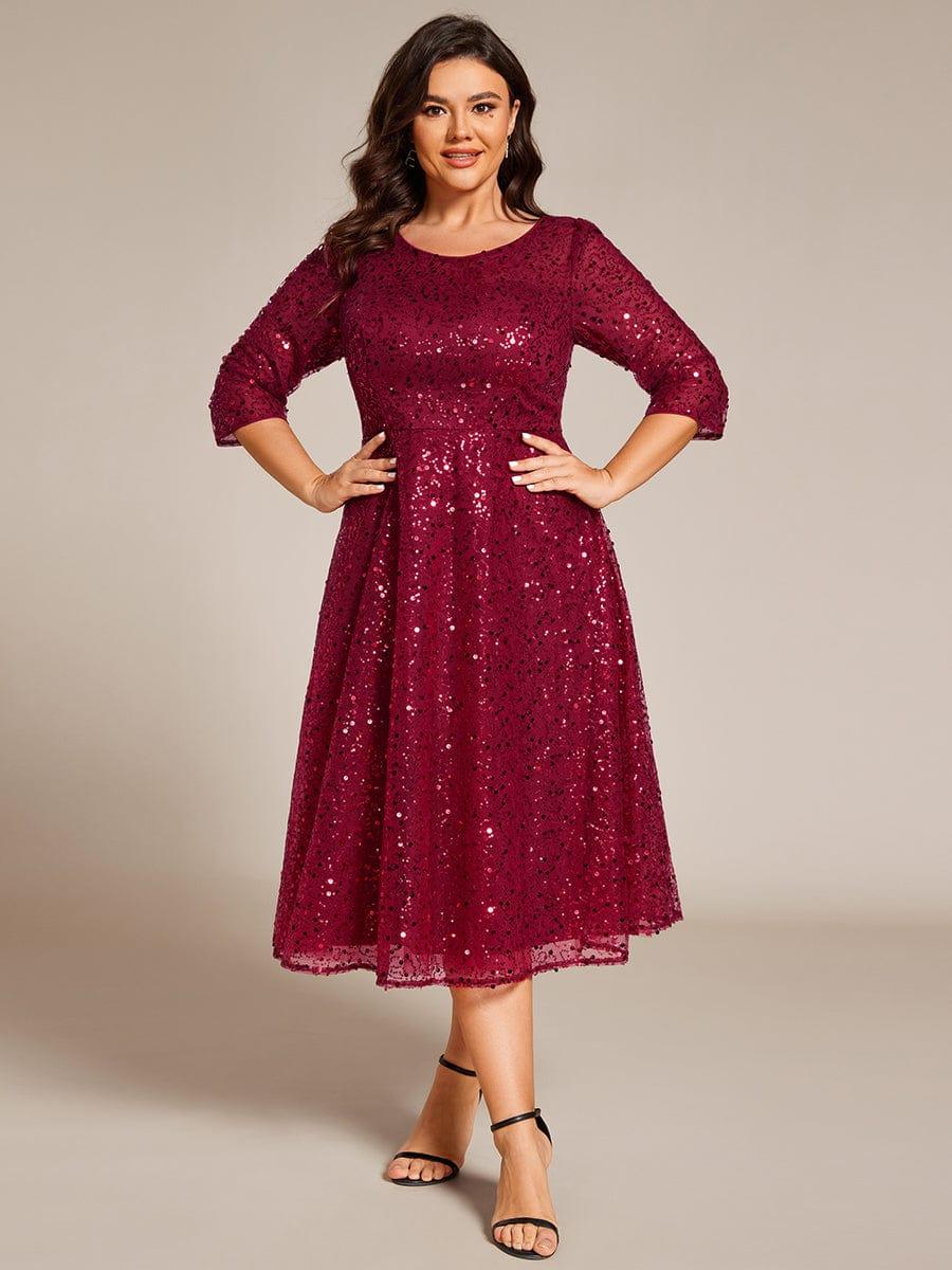 Dazzling Sequin A-Line Midi Evening Dress with Long Sleeves #color_Burgundy