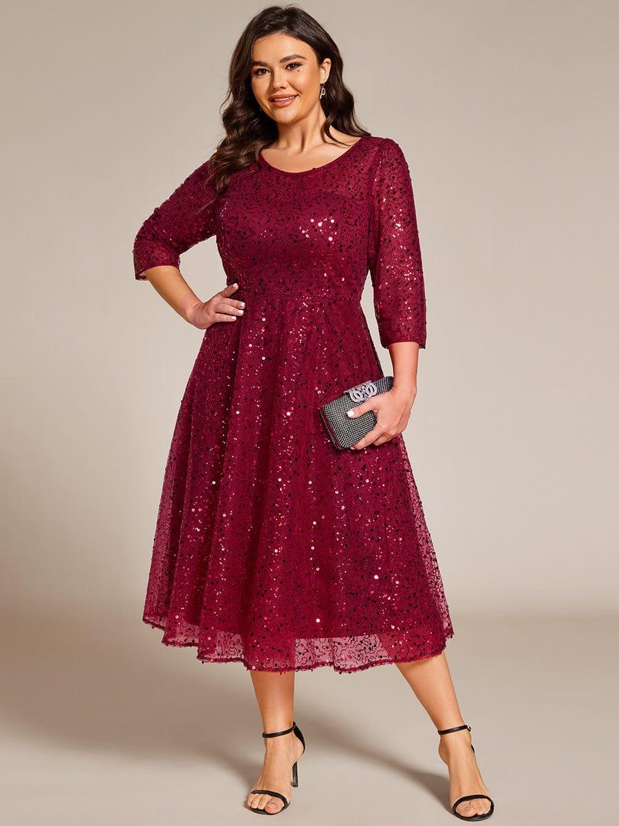 Dazzling Sequin A-Line Midi Evening Dress with Long Sleeves #color_Burgundy