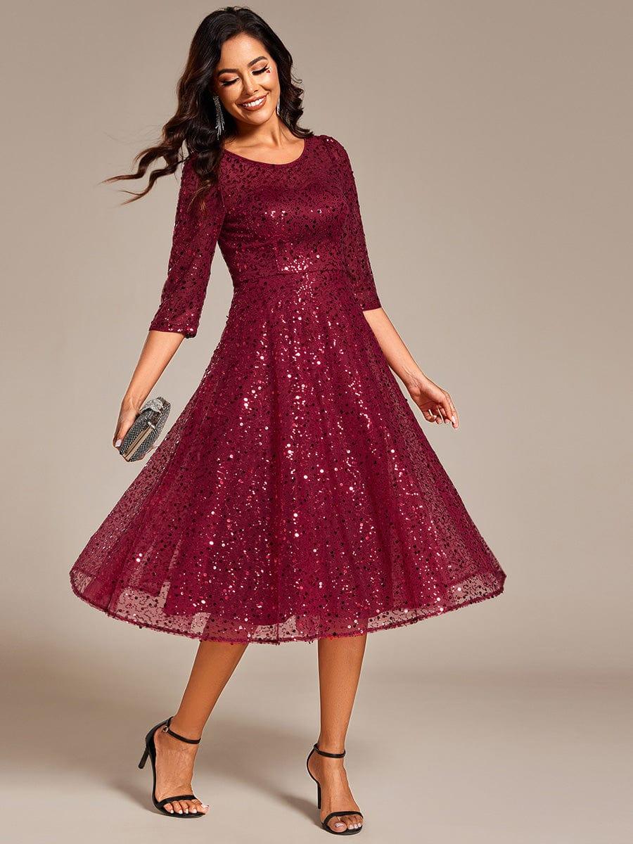 Dazzling Sequin A-Line Midi Evening Dress with Long Sleeves #color_Burgundy
